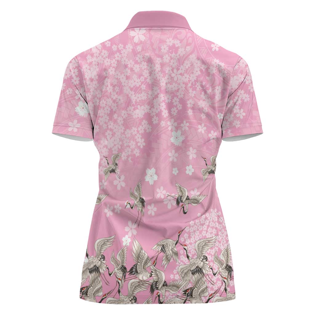 Cranes Sakura Floral Pink Pastel Women Polo Shirt Hawaii Japan Culture LT01 - Polynesian Pride