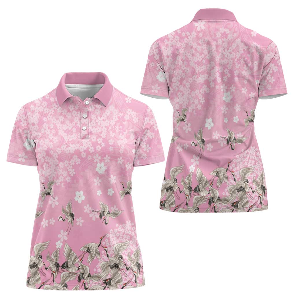 Cranes Sakura Floral Pink Pastel Women Polo Shirt Hawaii Japan Culture LT01 - Polynesian Pride