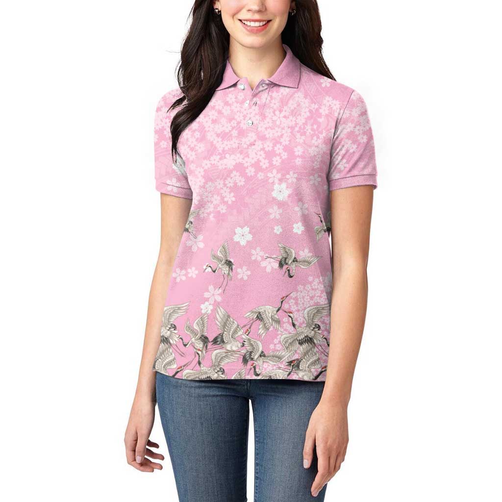 Cranes Sakura Floral Pink Pastel Women Polo Shirt Hawaii Japan Culture LT01 - Polynesian Pride