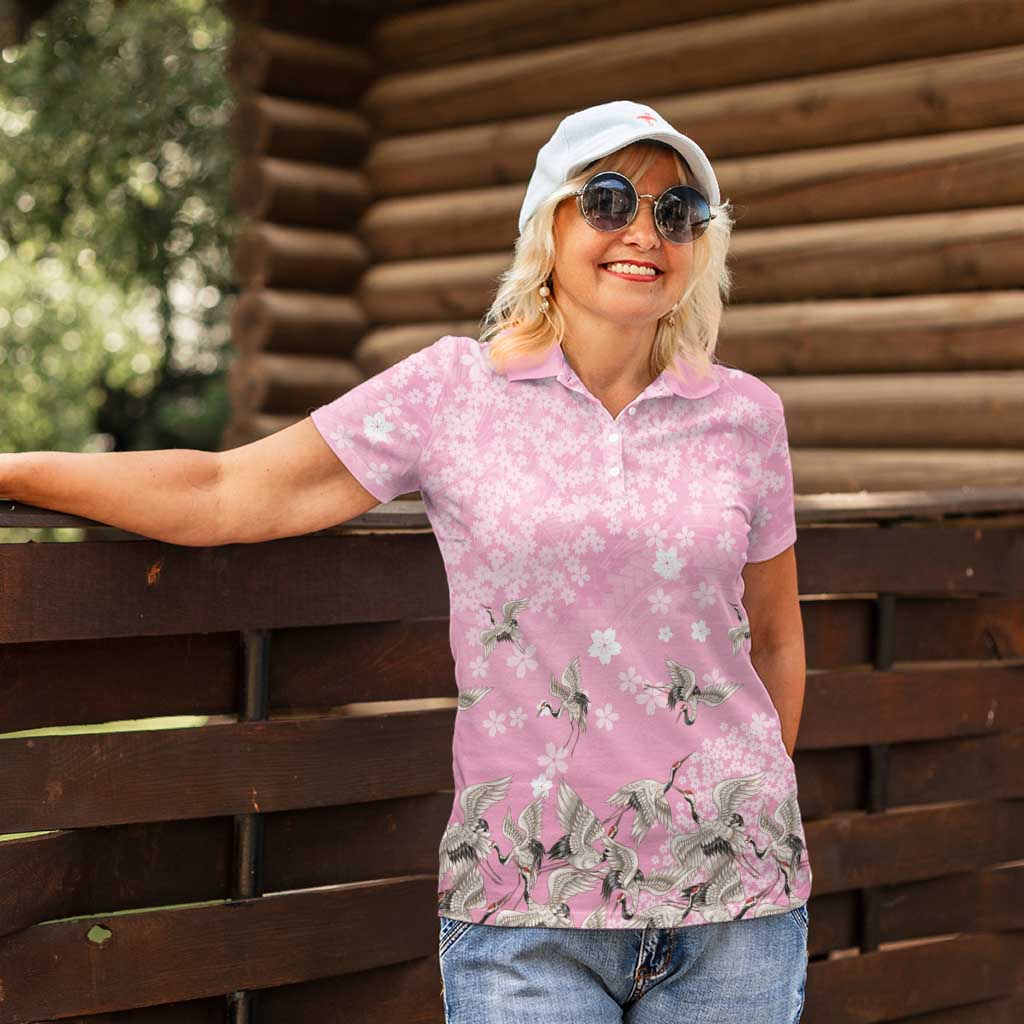 Cranes Sakura Floral Pink Pastel Women Polo Shirt Hawaii Japan Culture LT01 - Polynesian Pride