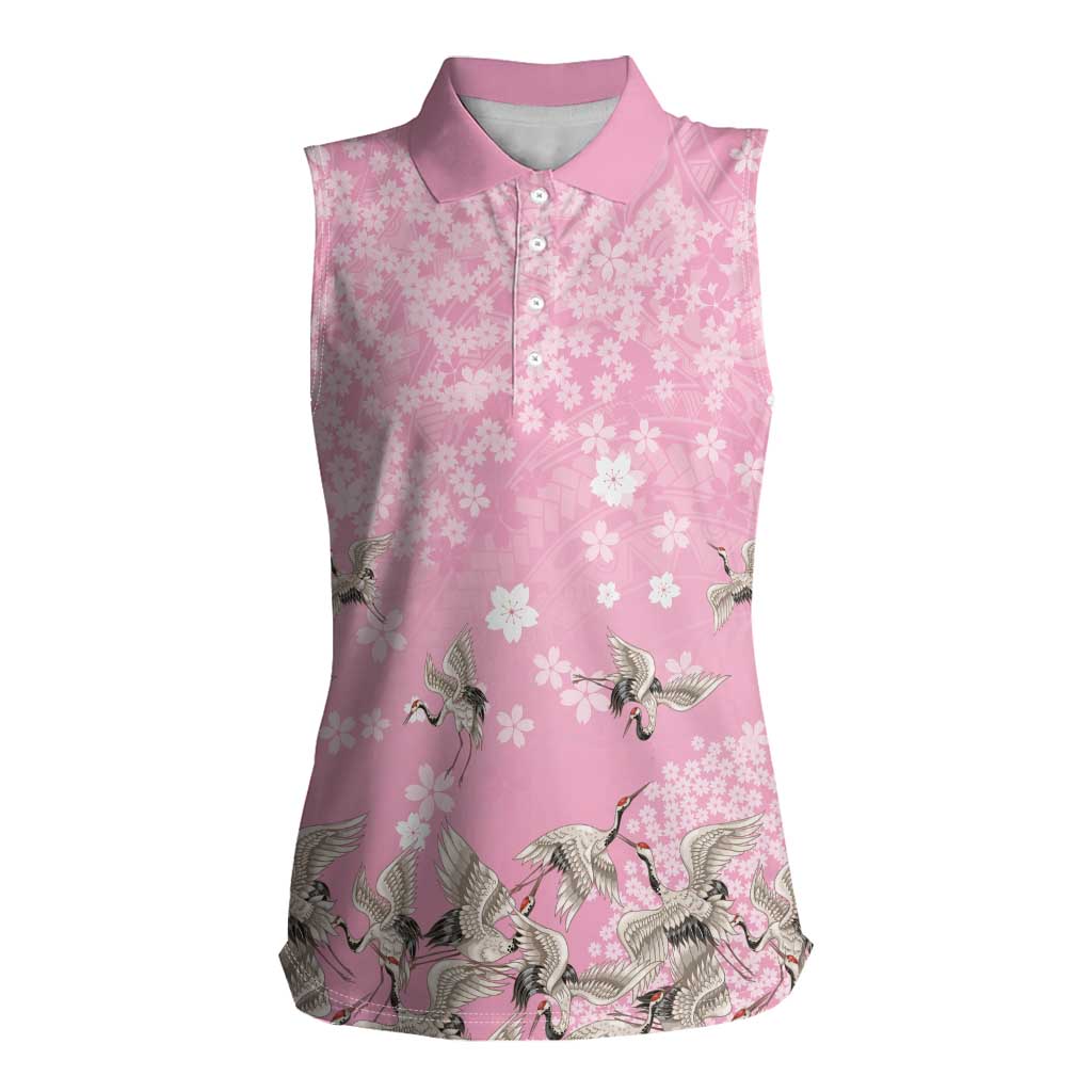 Cranes Sakura Floral Pink Pastel Women Sleeveless Polo Shirt Hawaii Japan Culture LT01 Female Pink - Polynesian Pride