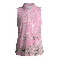 Cranes Sakura Floral Pink Pastel Women Sleeveless Polo Shirt Hawaii Japan Culture LT01 Female Pink - Polynesian Pride