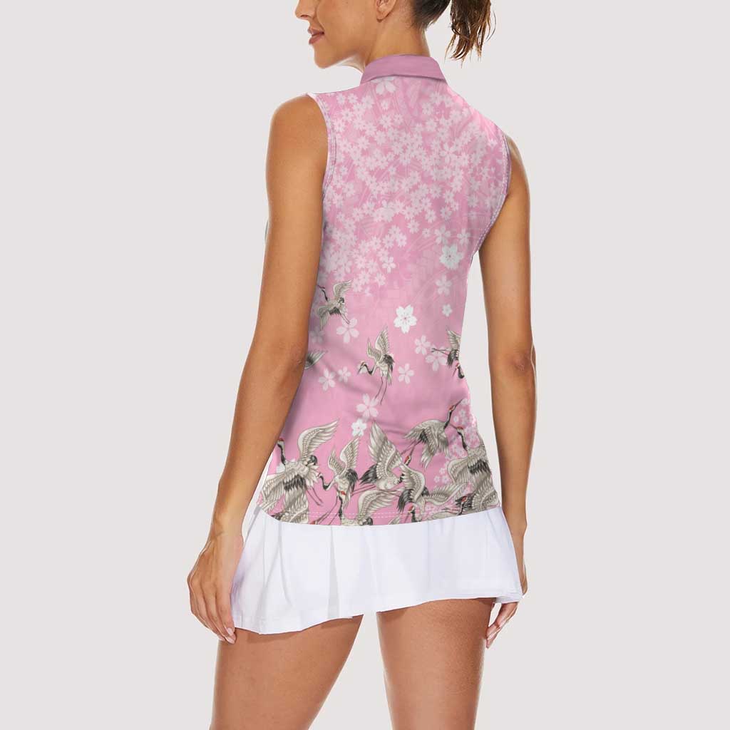 Cranes Sakura Floral Pink Pastel Women Sleeveless Polo Shirt Hawaii Japan Culture LT01 - Polynesian Pride