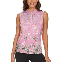 Cranes Sakura Floral Pink Pastel Women Sleeveless Polo Shirt Hawaii Japan Culture LT01 - Polynesian Pride