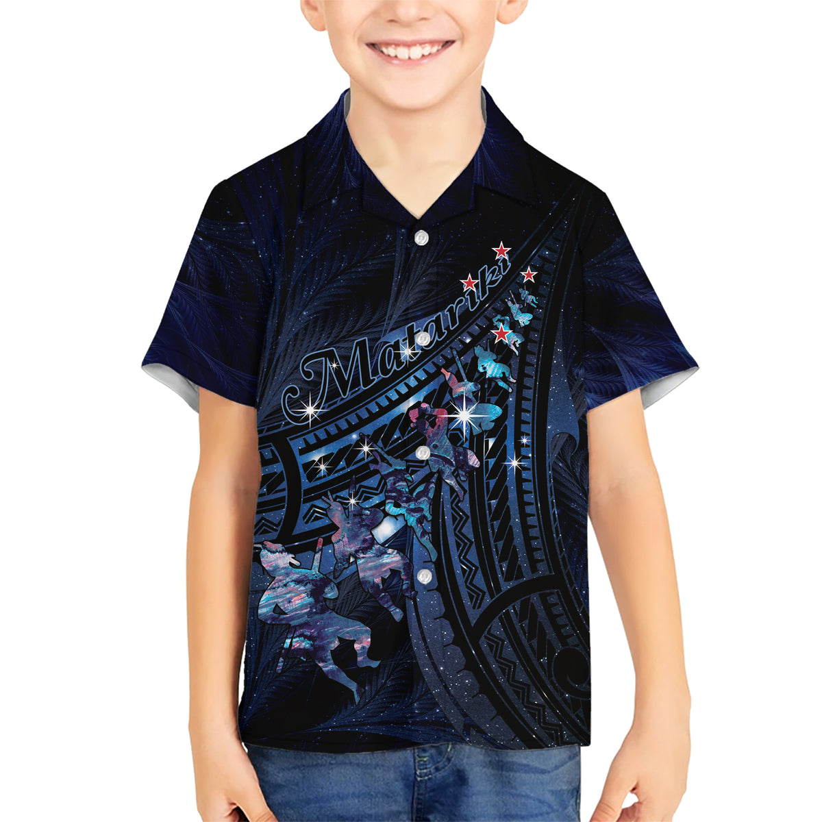 Personalised Matariki Paua Shell New Zealand Family Matching Short Sleeve Bodycon Dress and Hawaiian Shirt Haka Dance At The Starry Night