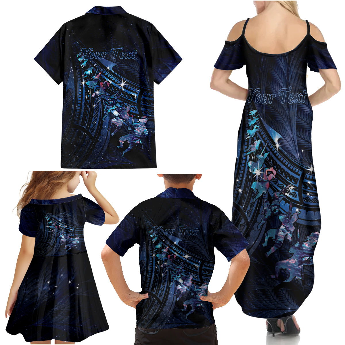 Personalised Matariki Paua Shell New Zealand Family Matching Summer Maxi Dress and Hawaiian Shirt Haka Dance At The Starry Night