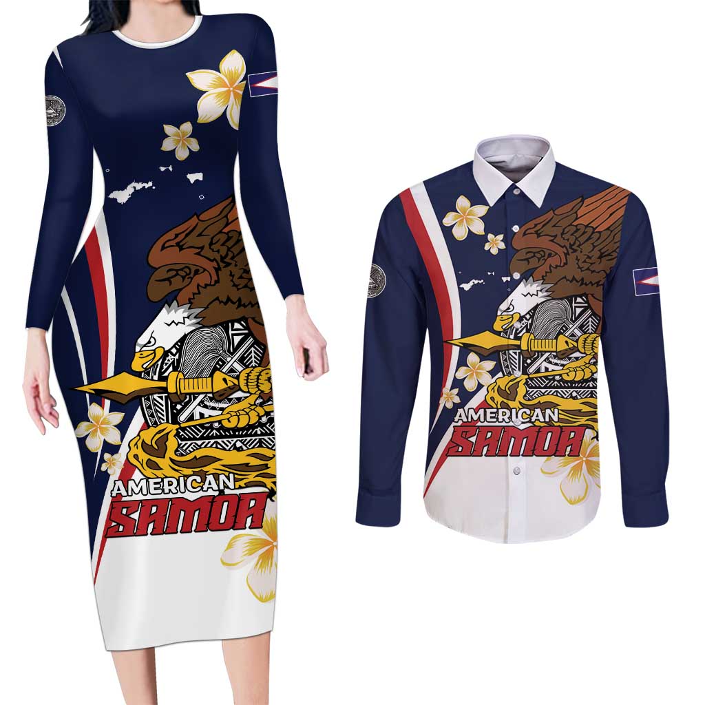 Personalized American Samoa Couples Matching Long Sleeve Bodycon Dress and Long Sleeve Button Shirt Amerika Samoa Bald Eagle