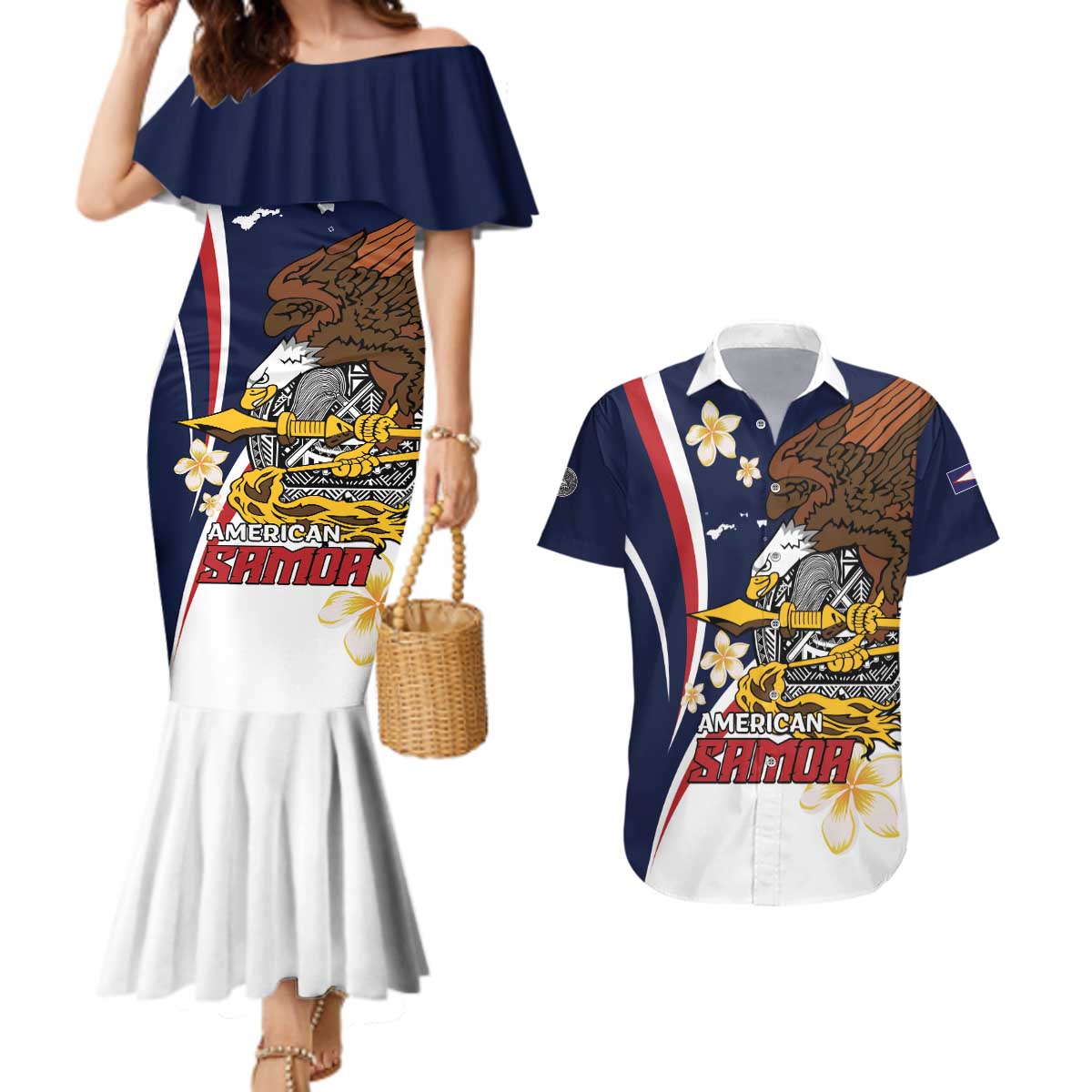 Personalized American Samoa Couples Matching Mermaid Dress and Hawaiian Shirt Amerika Samoa Bald Eagle