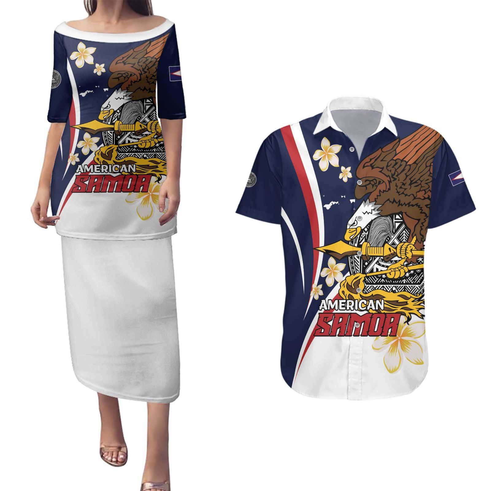 Personalized American Samoa Couples Matching Puletasi and Hawaiian Shirt Amerika Samoa Bald Eagle