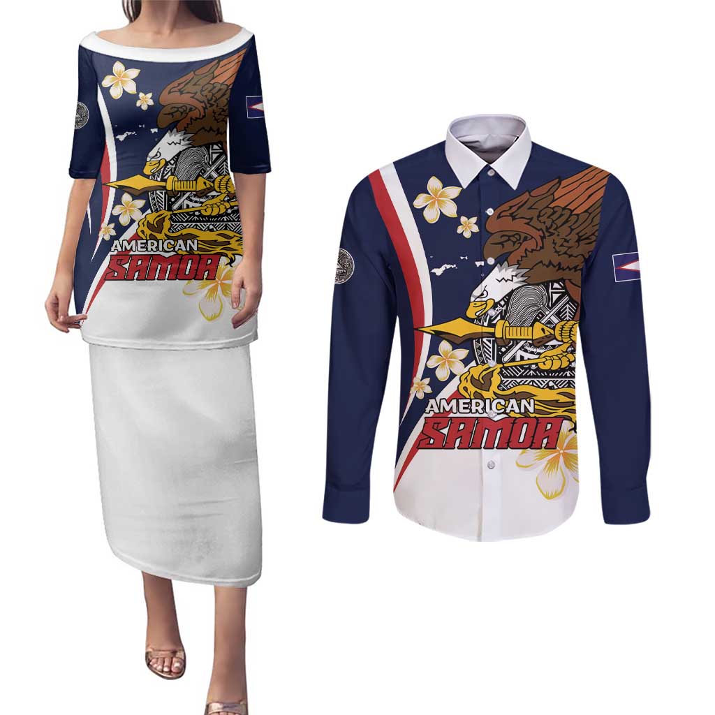 Personalized American Samoa Couples Matching Puletasi and Long Sleeve Button Shirt Amerika Samoa Bald Eagle