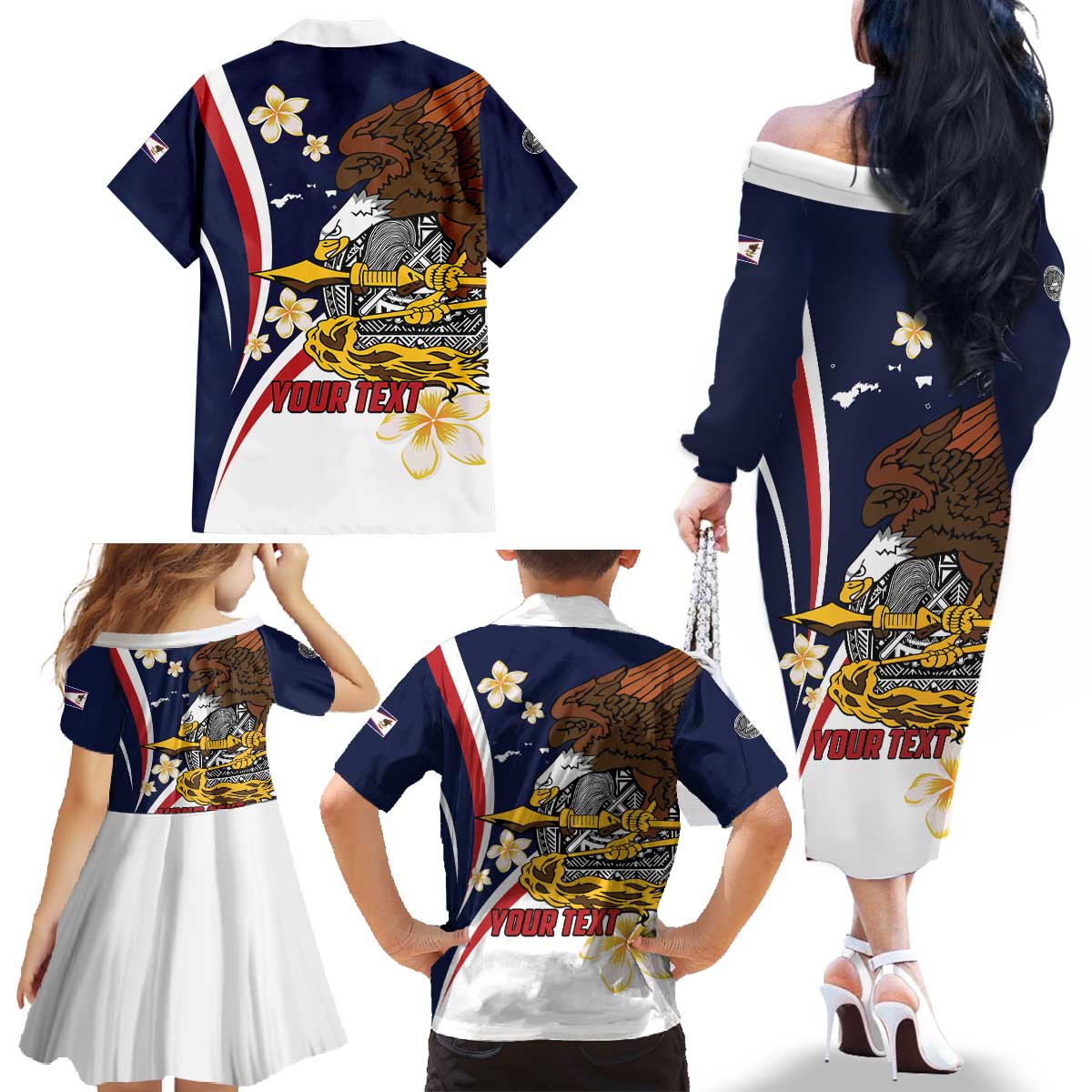 Personalized American Samoa Family Matching Off The Shoulder Long Sleeve Dress and Hawaiian Shirt Amerika Samoa Bald Eagle