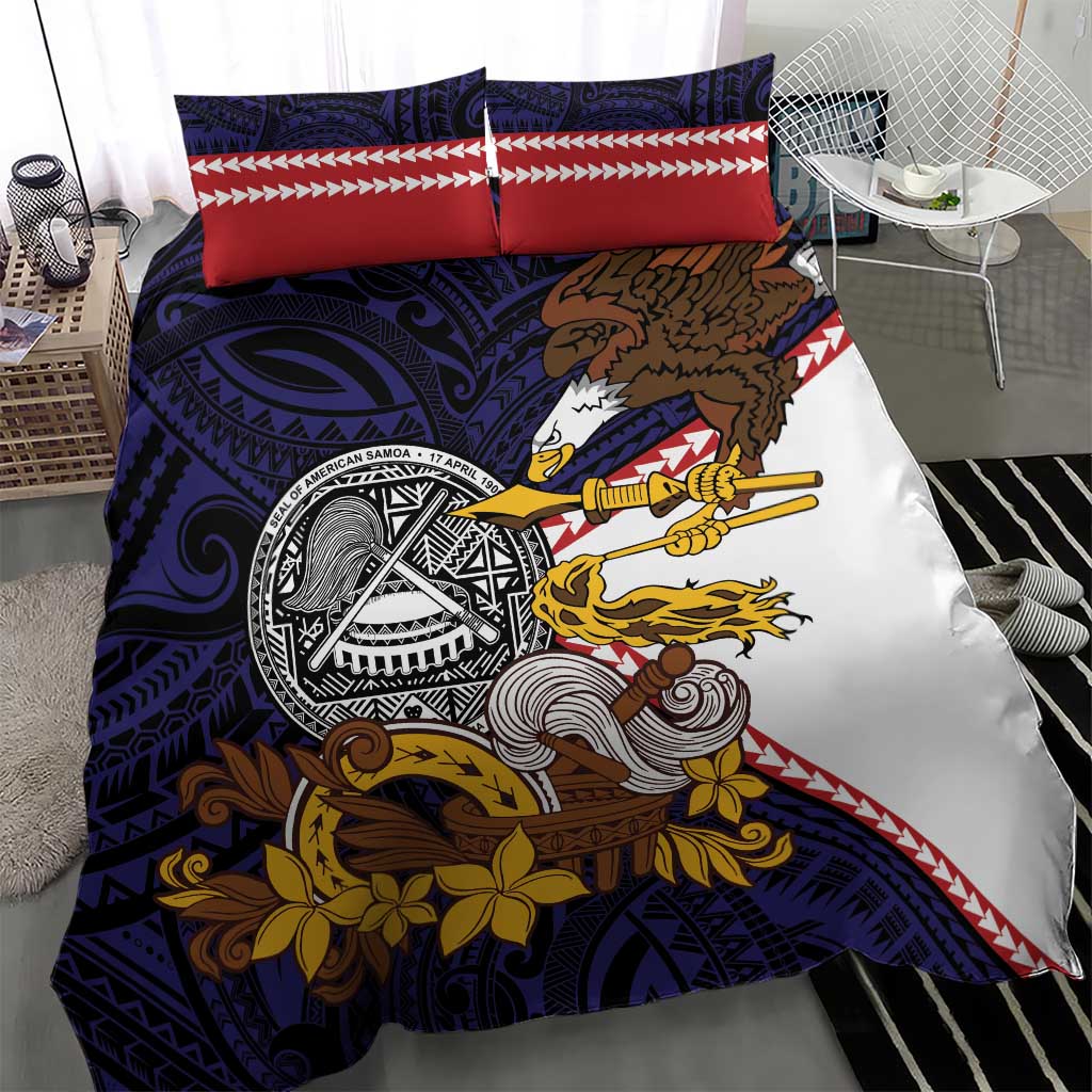 American Samoa Eagle Kava Bowl Bedding Set Plumeria Polynesian Pattern