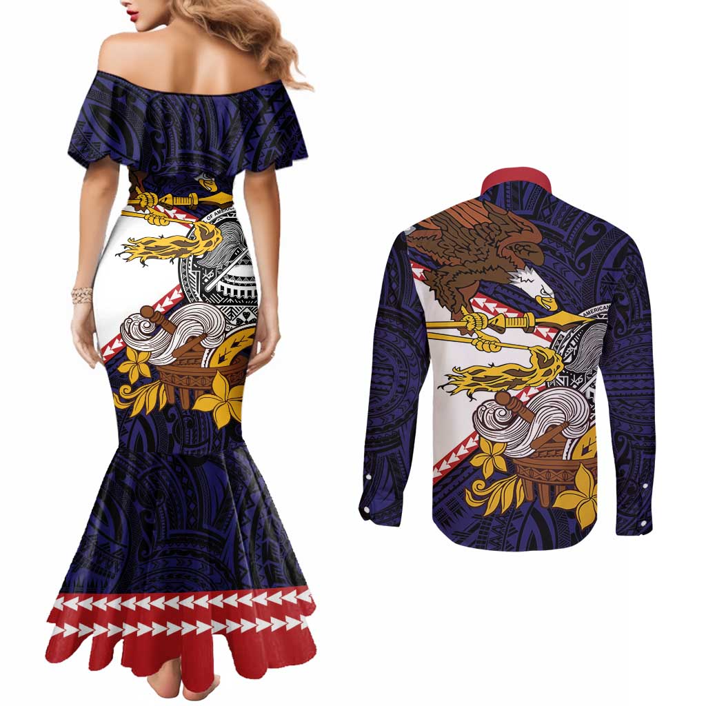 American Samoa Eagle Kava Bowl Couples Matching Mermaid Dress and Long Sleeve Button Shirt Plumeria Polynesian Pattern