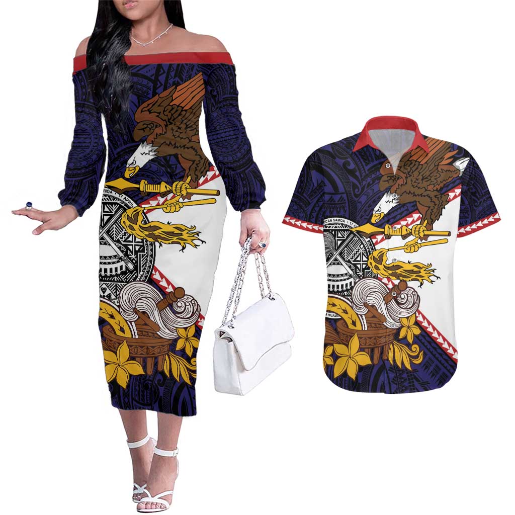 American Samoa Eagle Kava Bowl Couples Matching Off The Shoulder Long Sleeve Dress and Hawaiian Shirt Plumeria Polynesian Pattern
