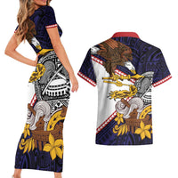 American Samoa Eagle Kava Bowl Couples Matching Short Sleeve Bodycon Dress and Hawaiian Shirt Plumeria Polynesian Pattern LT01 - Polynesian Pride