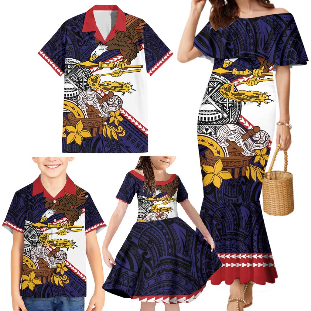 American Samoa Eagle Kava Bowl Family Matching Mermaid Dress and Hawaiian Shirt Plumeria Polynesian Pattern