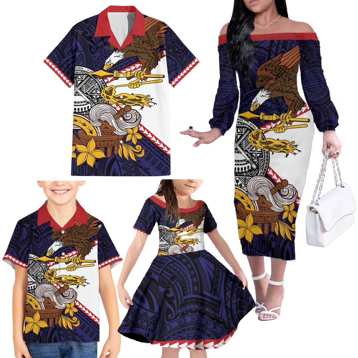 American Samoa Eagle Kava Bowl Family Matching Off The Shoulder Long Sleeve Dress and Hawaiian Shirt Plumeria Polynesian Pattern