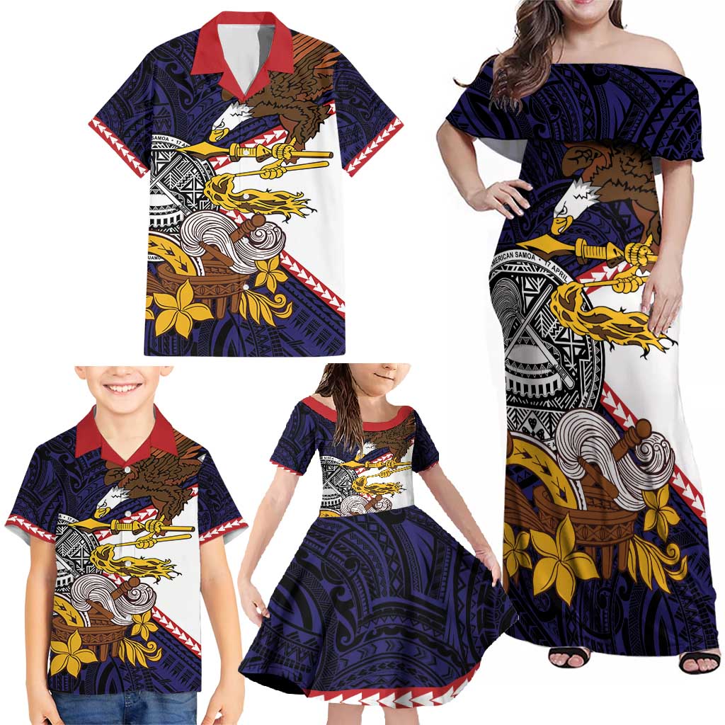 American Samoa Eagle Kava Bowl Family Matching Off Shoulder Maxi Dress and Hawaiian Shirt Plumeria Polynesian Pattern