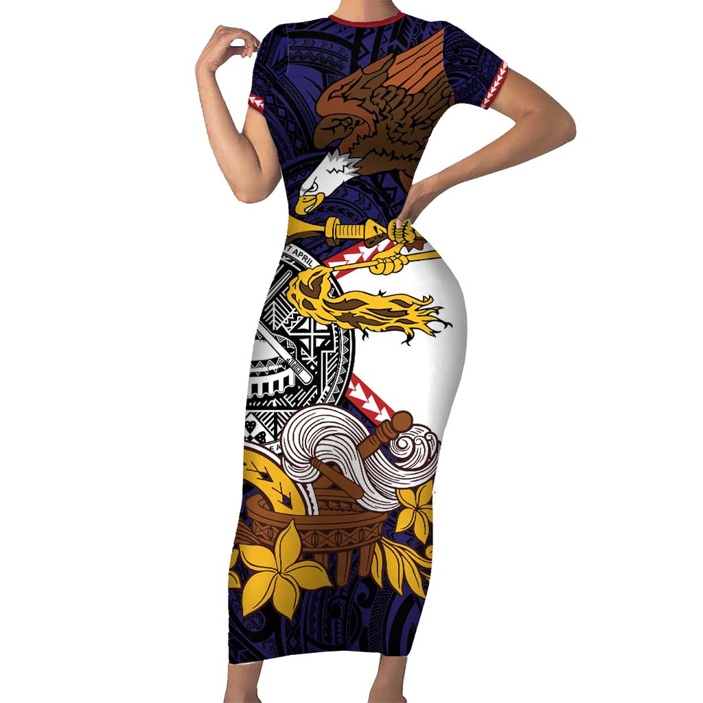 American Samoa Eagle Kava Bowl Family Matching Short Sleeve Bodycon Dress and Hawaiian Shirt Plumeria Polynesian Pattern