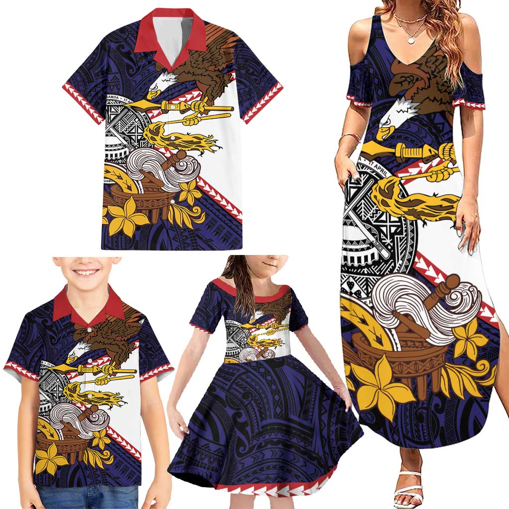 American Samoa Eagle Kava Bowl Family Matching Summer Maxi Dress and Hawaiian Shirt Plumeria Polynesian Pattern