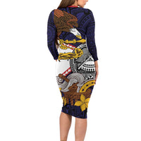American Samoa Eagle Kava Bowl Long Sleeve Bodycon Dress Plumeria Polynesian Pattern