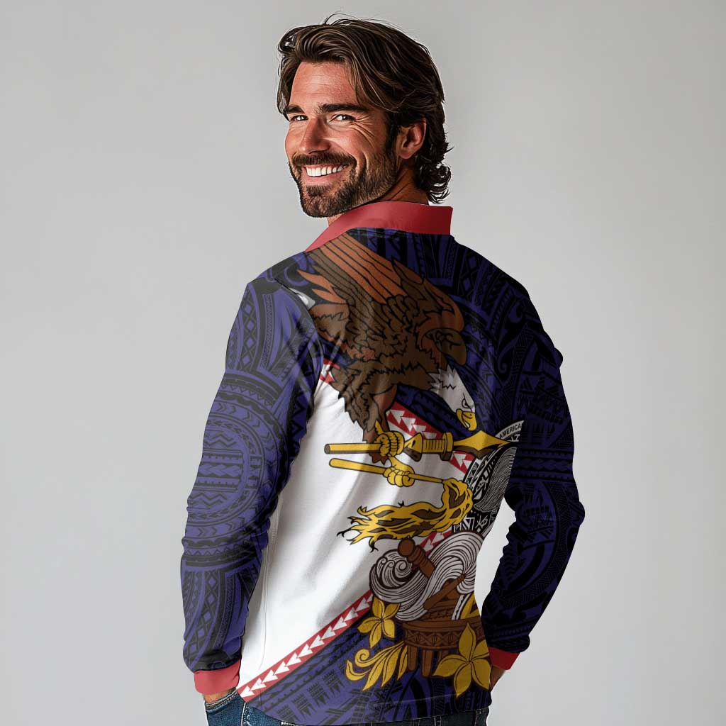 American Samoa Eagle Kava Bowl Long Sleeve Polo Shirt Plumeria Polynesian Pattern
