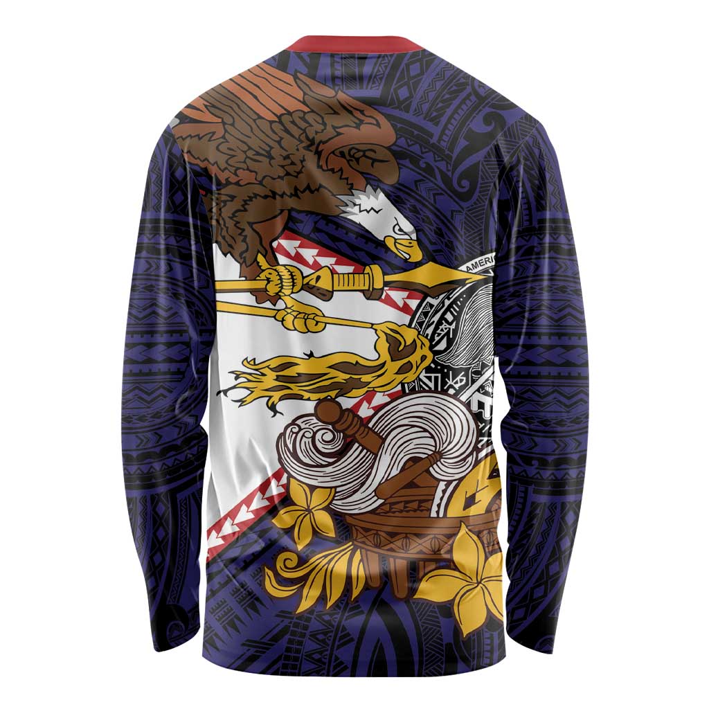 American Samoa Eagle Kava Bowl Long Sleeve Shirt Plumeria Polynesian Pattern