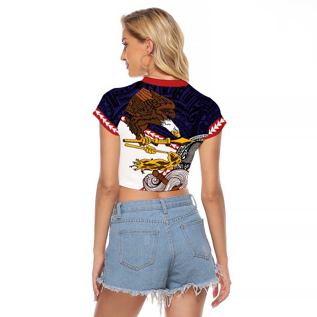 American Samoa Eagle Kava Bowl Raglan Cropped T Shirt Plumeria Polynesian Pattern LT01 - Polynesian Pride