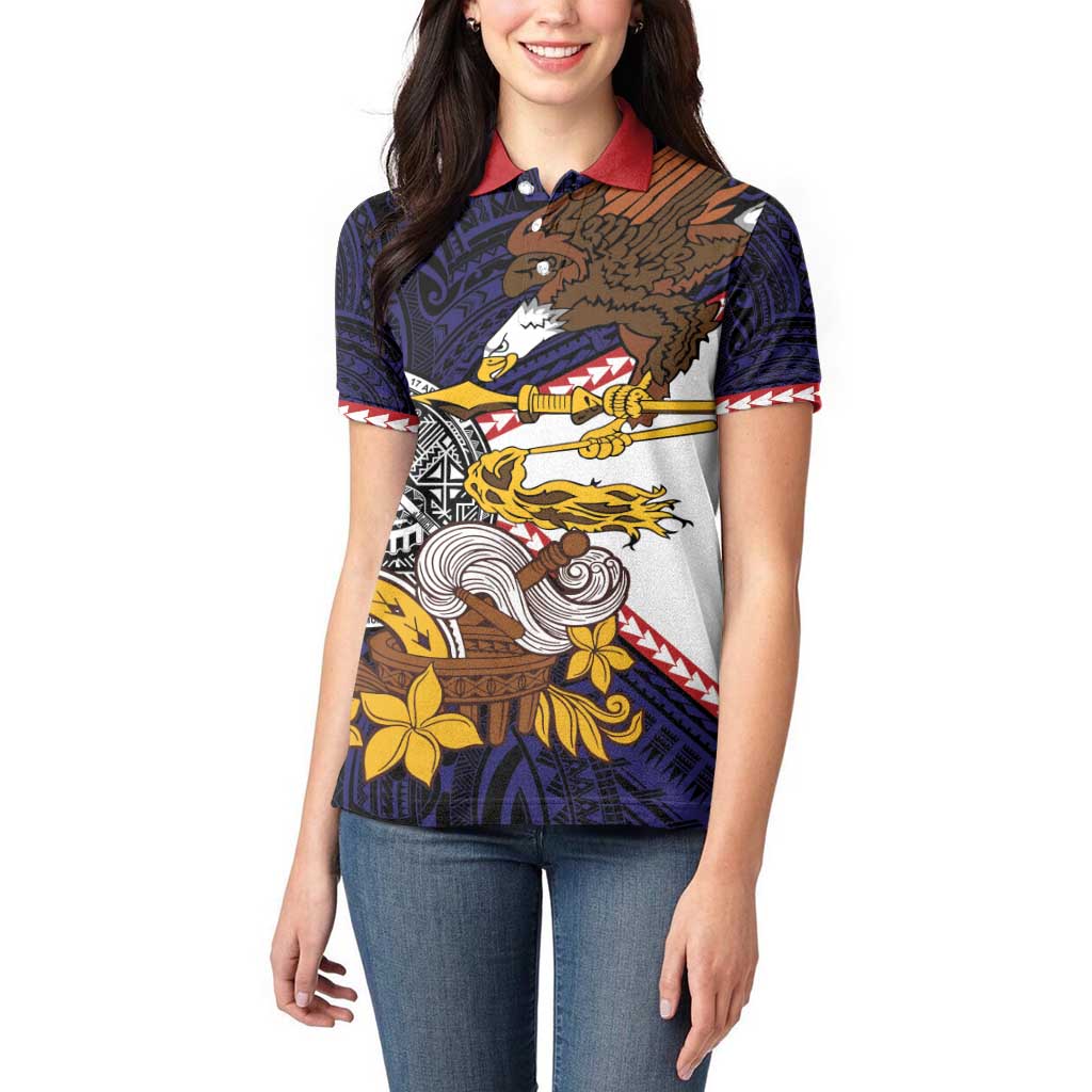 American Samoa Eagle Kava Bowl Women Polo Shirt Plumeria Polynesian Pattern LT01 - Polynesian Pride