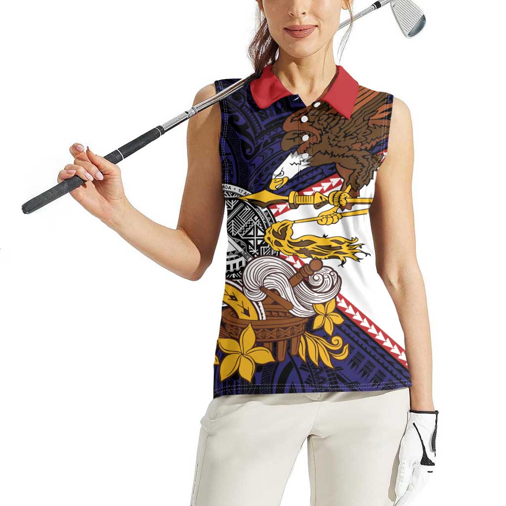 American Samoa Eagle Kava Bowl Women Sleeveless Polo Shirt Plumeria Polynesian Pattern