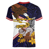 American Samoa Eagle Kava Bowl Women V-Neck T-Shirt Plumeria Polynesian Pattern