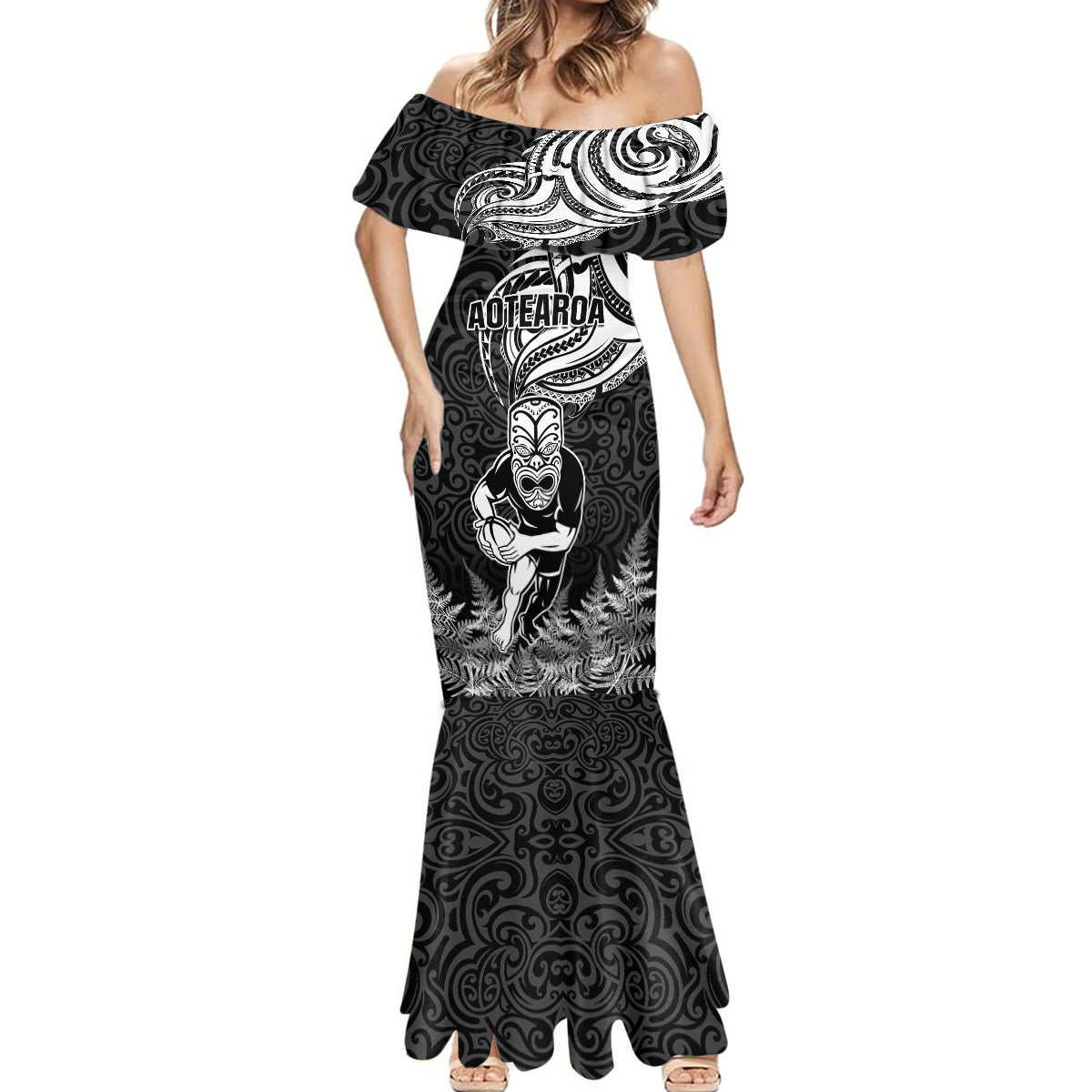 New Zealand Silver Fern Rugby Mermaid Dress Maori Tiki Player With Ta Moko Tribal LT01 - Polynesian Pride