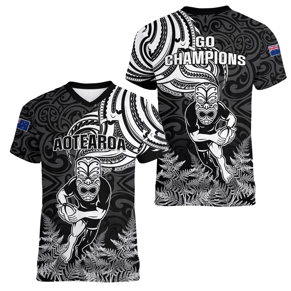 New Zealand Silver Fern Rugby Women V Neck T Shirt Maori Tiki Player With Ta Moko Tribal LT01 - Polynesian Pride