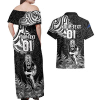 Custom New Zealand Silver Fern Rugby Couples Matching Off Shoulder Maxi Dress and Hawaiian Shirt Maori Tiki Player With Ta Moko Tribal LT01 - Polynesian Pride