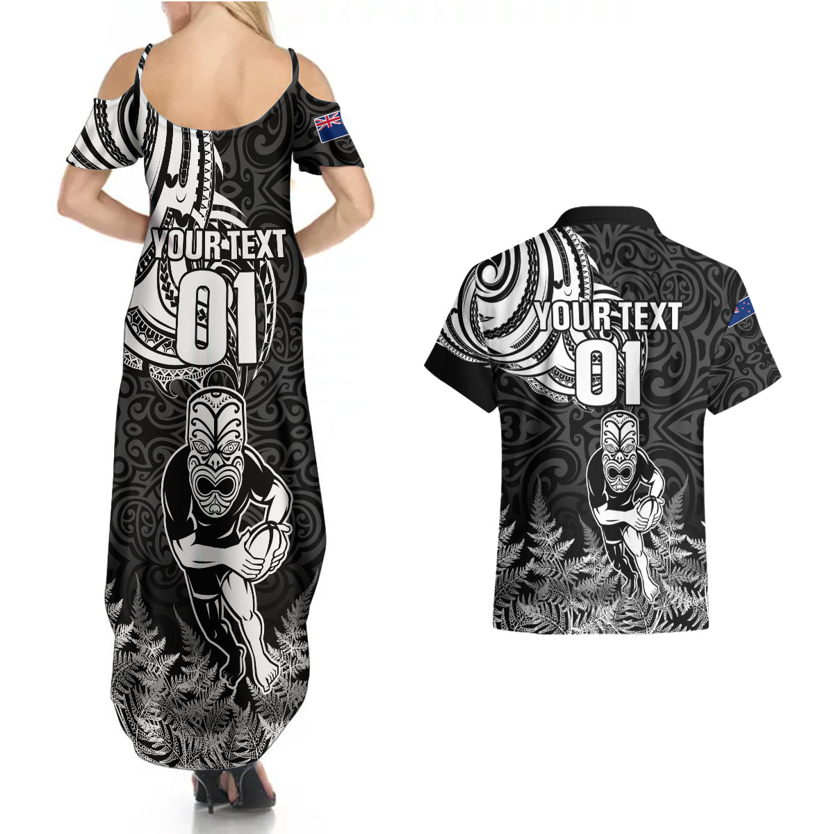 Custom New Zealand Silver Fern Rugby Couples Matching Summer Maxi Dress and Hawaiian Shirt Maori Tiki Player With Ta Moko Tribal LT01 - Polynesian Pride
