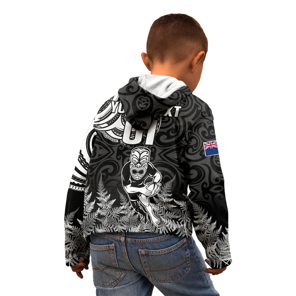 Custom New Zealand Silver Fern Rugby Kid Hoodie Maori Tiki Player With Ta Moko Tribal LT01 - Polynesian Pride