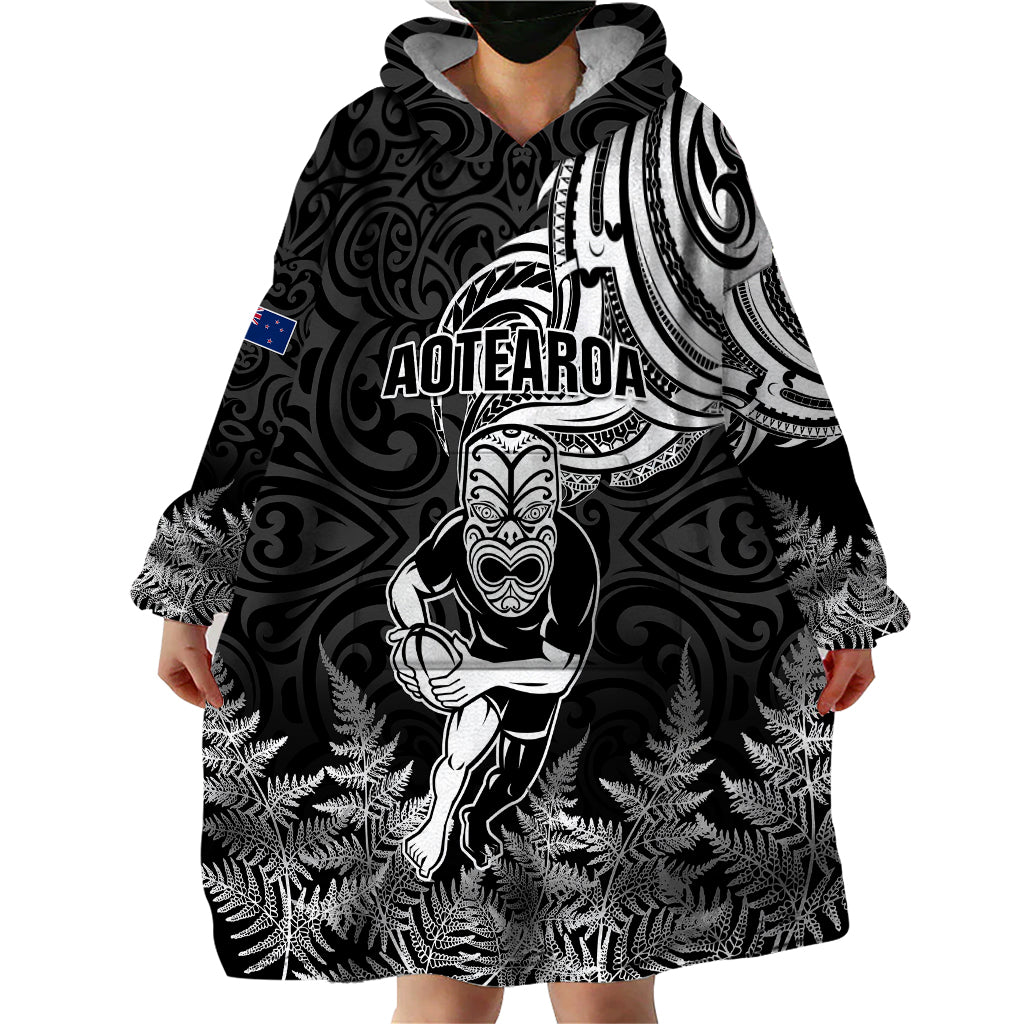 Custom New Zealand Silver Fern Rugby Wearable Blanket Hoodie Maori Tiki Player With Ta Moko Tribal LT01 - Polynesian Pride