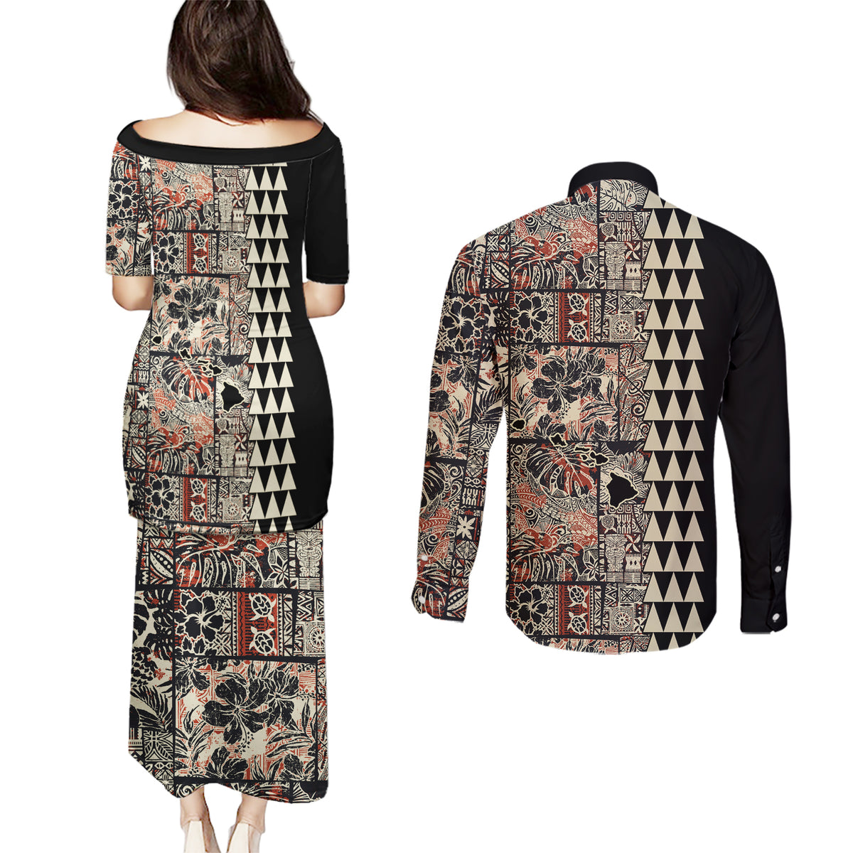 Hawaiian Quilt Couples Matching Puletasi Dress and Long Sleeve Button Shirt Hibiscus Kakau Vintage Style LT01 - Polynesian Pride