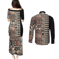 Hawaiian Quilt Couples Matching Puletasi Dress and Long Sleeve Button Shirt Hibiscus Kakau Vintage Style LT01 - Polynesian Pride