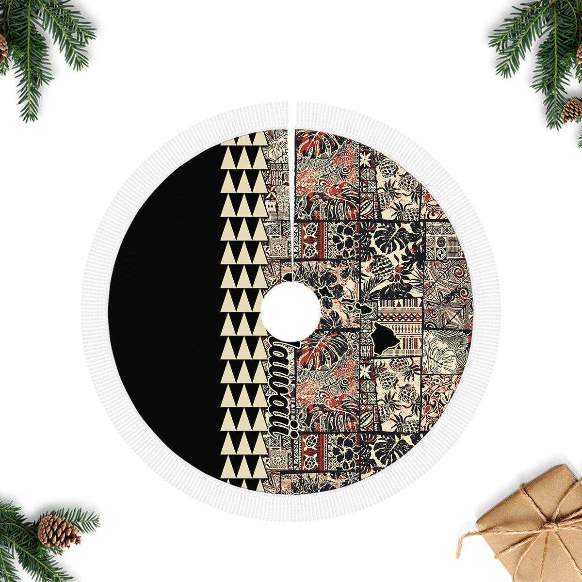 Hawaiian Quilt Tree Skirt Hibiscus Kakau Vintage Style LT01 Fringed Tree Skirts Beige - Polynesian Pride