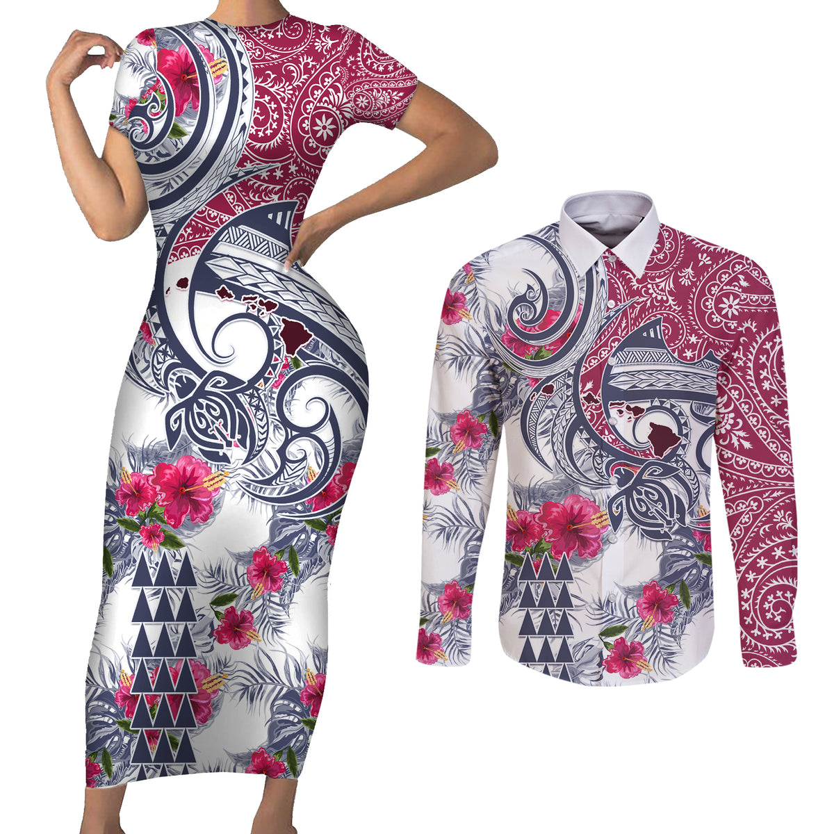 Hawaii Kakau Mix Paisley Pattern Couples Matching Short Sleeve Bodycon Dress and Long Sleeve Button Shirt Polynesian Tropical Unique Style LT01 White - Polynesian Pride
