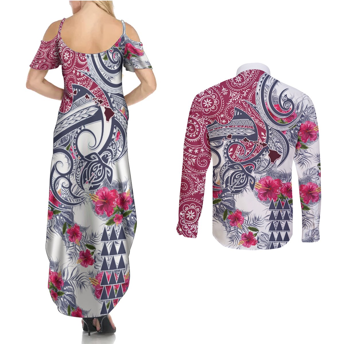 Hawaii Kakau Mix Paisley Pattern Couples Matching Summer Maxi Dress and Long Sleeve Button Shirt Polynesian Tropical Unique Style LT01 - Polynesian Pride