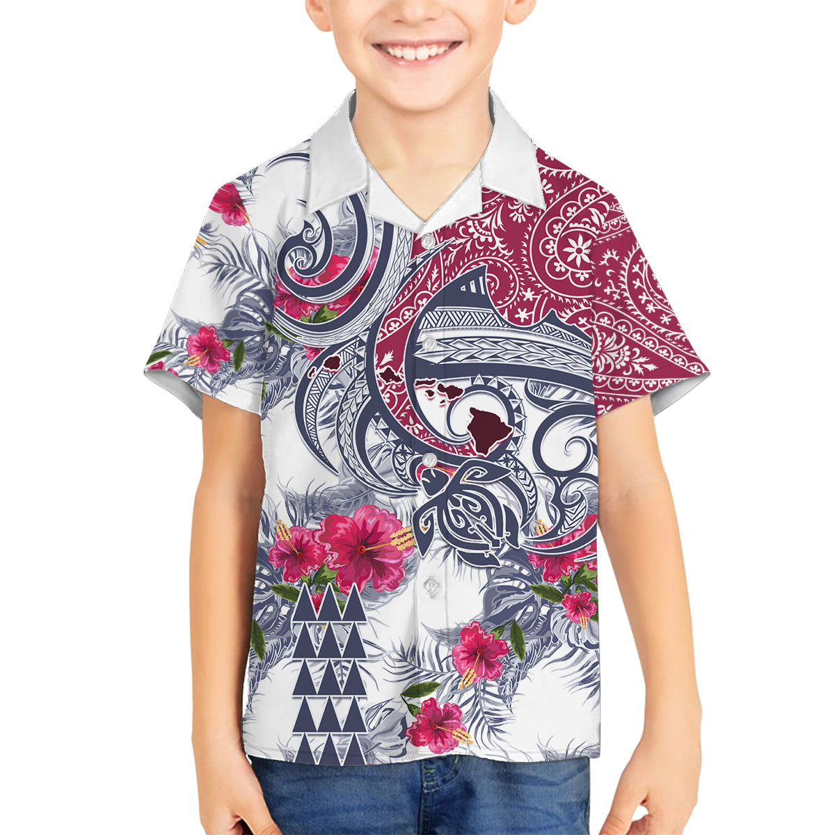 Hawaii Kakau Mix Paisley Pattern Family Matching Puletasi Dress and Hawaiian Shirt Polynesian Tropical Unique Style LT01 Son's Shirt White - Polynesian Pride