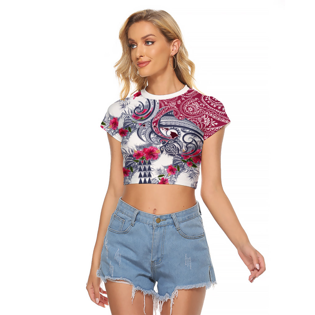 Hawaii Kakau Mix Paisley Pattern Raglan Cropped T Shirt Polynesian Tropical Unique Style LT01 Female White - Polynesian Pride