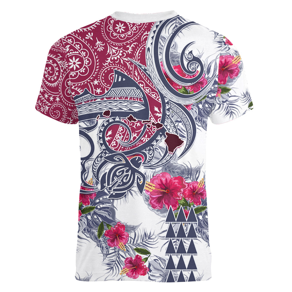 Hawaii Kakau Mix Paisley Pattern Women V Neck T Shirt Polynesian Tropical Unique Style LT01 - Polynesian Pride