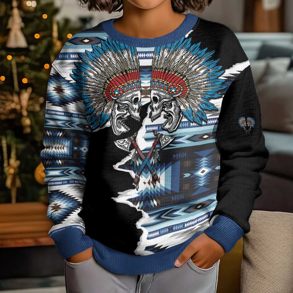 Native American Chief Skull With Axe Kid Ugly Christmas Sweater - Polynesian Pride