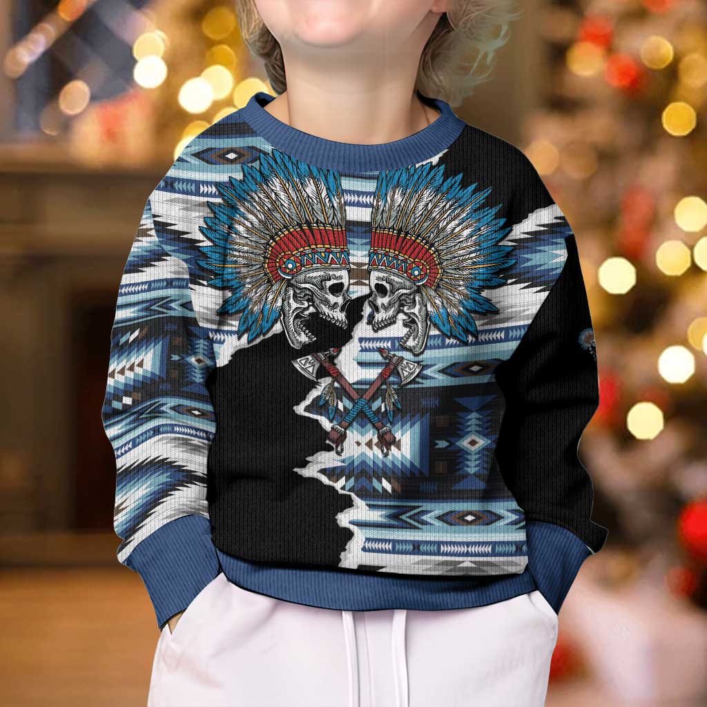 Native American Chief Skull With Axe Kid Ugly Christmas Sweater - Polynesian Pride