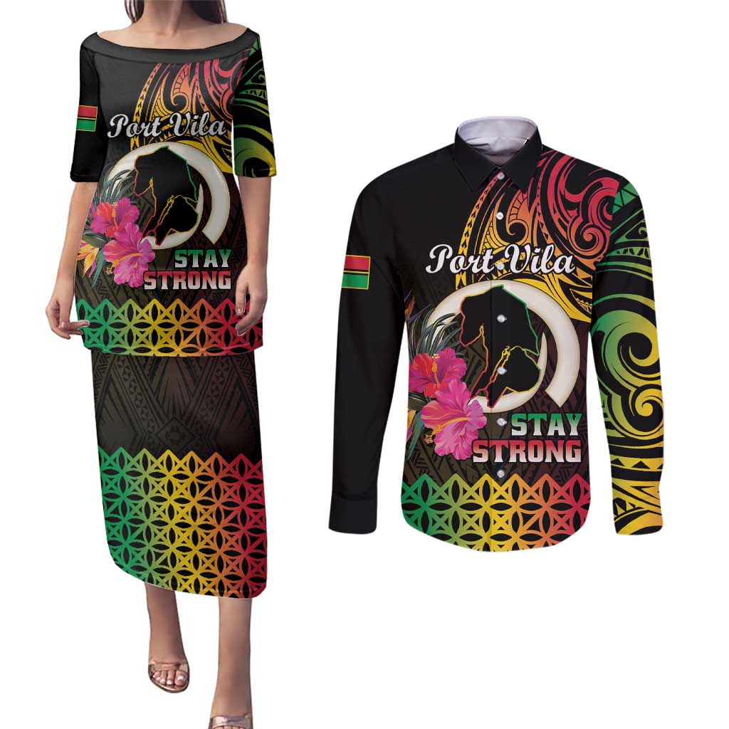 Personalised Vanuatu Port Vila Stay Strong Couples Matching Puletasi and Long Sleeve Button Shirt Long God Yumi Stanap