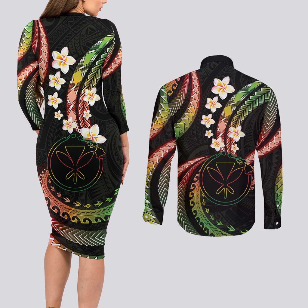 Hawaii Map Kanaka Maoli Couples Matching Long Sleeve Bodycon Dress and Long Sleeve Button Shirt Fantastic Frangipani Reggae