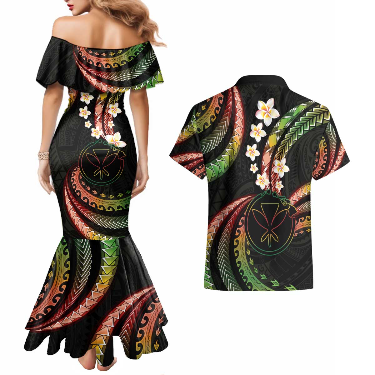 Hawaii Map Kanaka Maoli Couples Matching Mermaid Dress and Hawaiian Shirt Fantastic Frangipani Reggae